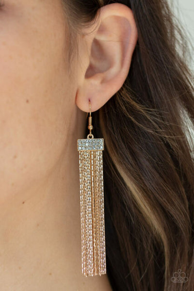 Paparazzi Twinkling Tapestry Gold Earring Bling Tassel Chain Long