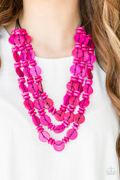 Barbados Bopper - Pink wooden necklace layered Paparrazi Accessories