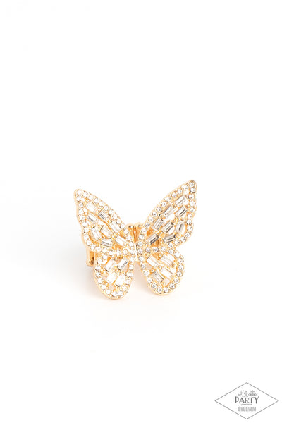 Flauntable Flutter Gold LOTP Bling Butterfly Ring Paparazzi