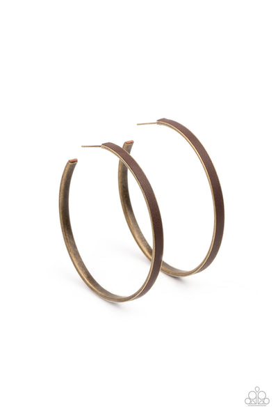 Fearless Flavor Brass Brown Leather Hoop Earrings Paparazzi