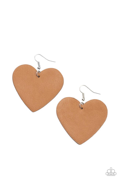 Country Crush - Brown Leather Heart Earrings Paparazzi Accessories