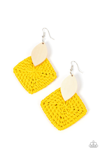 Sabbatical WEAVE Yellow Wooden Earrings Paparazzi Accessories